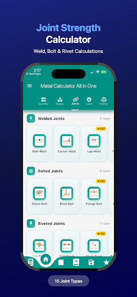 Metal Calculator A1 PRO joint strength section showing welded, bolted and riveted joint types