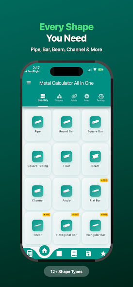 Metal Calculator A1 PRO shape picker showing pipe, round bar, square bar, square tubing, T bar, beam, channel, angle, flat bar, sheet, hexagonal bar and triangular bar