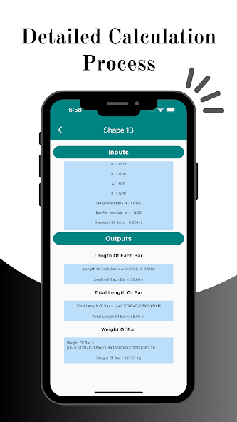 Steel BBS Calculator A1 PRO detailed calculation view listing the inputs and the substituted formulas for length of each bar, total length and weight