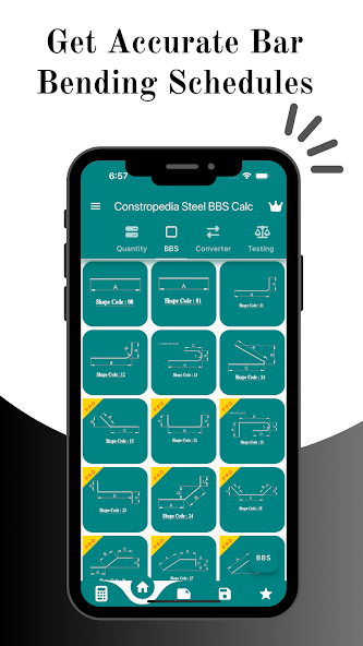 Steel BBS Calculator A1 PRO shape code library showing standard bar bending schedule shape codes with dimensioned diagrams